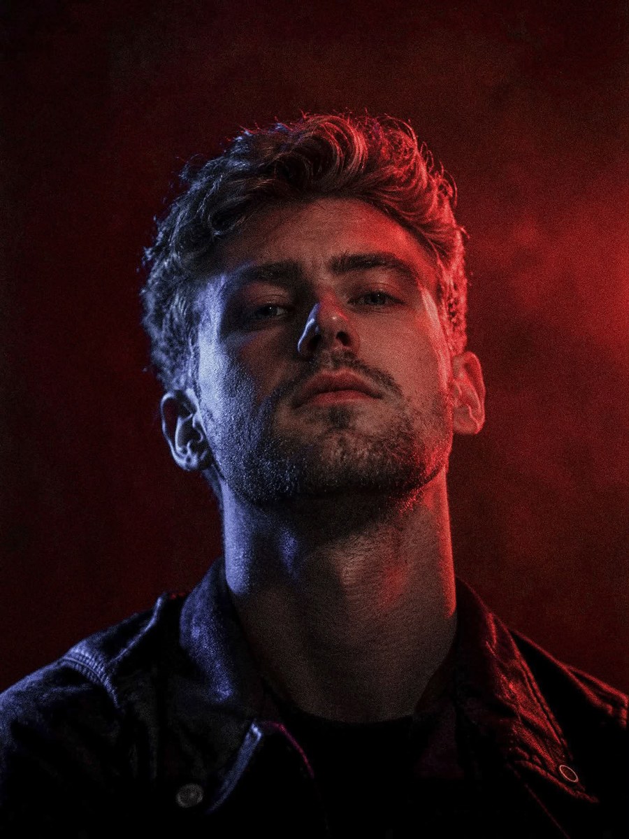 Red-and-Blue Neo-Noir Portrait of a Young Man