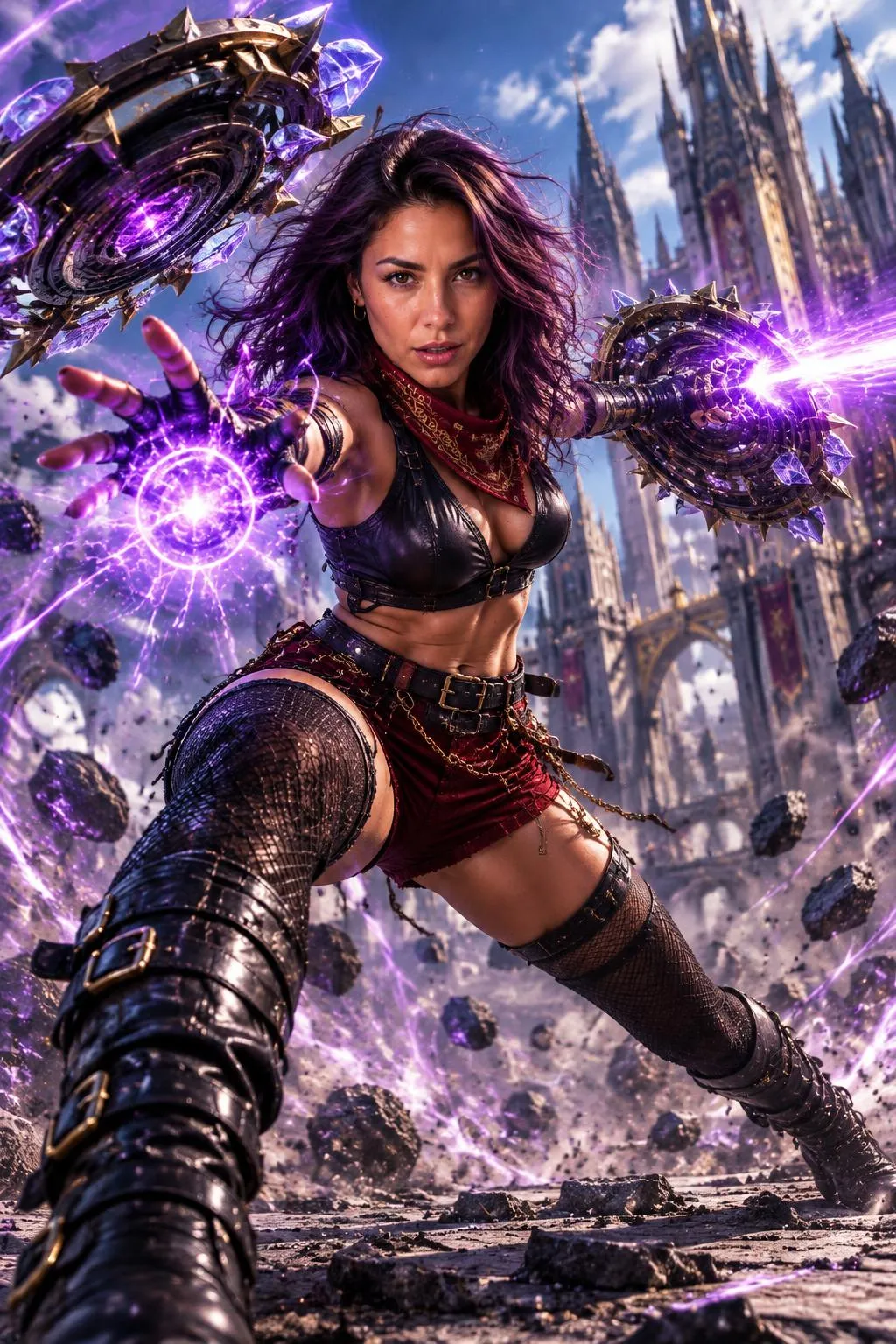 Cinematic Fantasy Warrior with Purple Energy Weapons