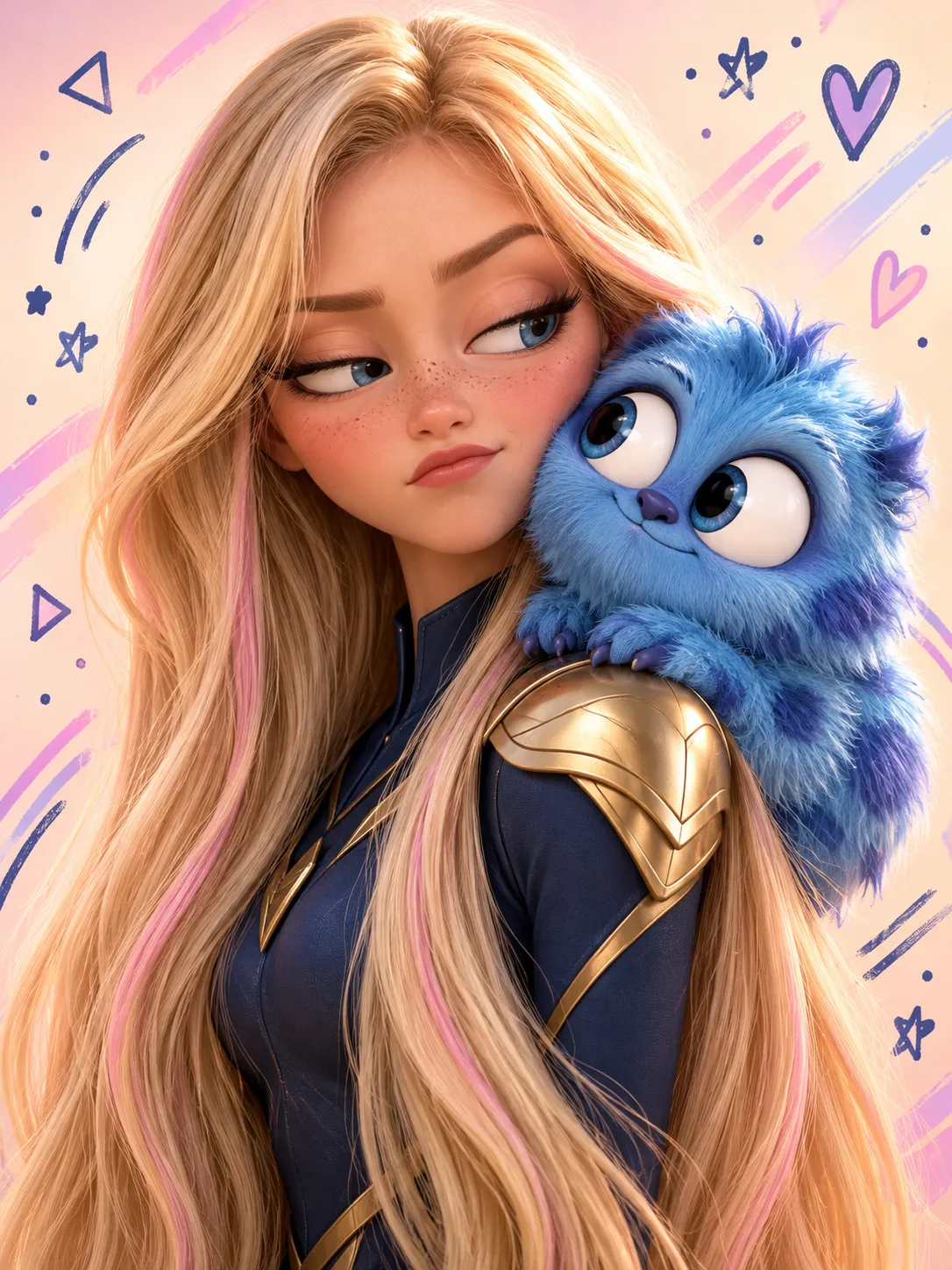 Teenage Girl with a Tiny Blue Monster