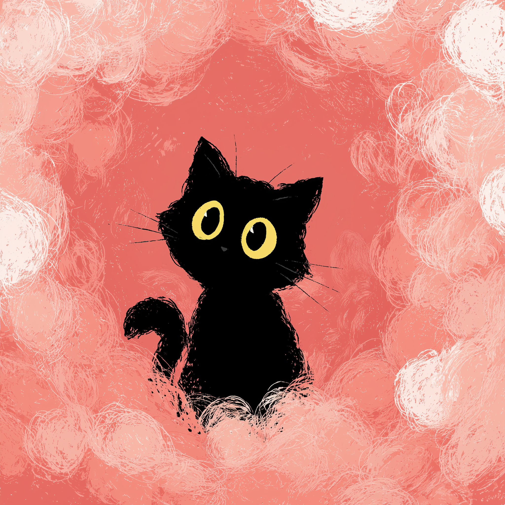 Pastel Anime-Style Black Cat on a Solid Background