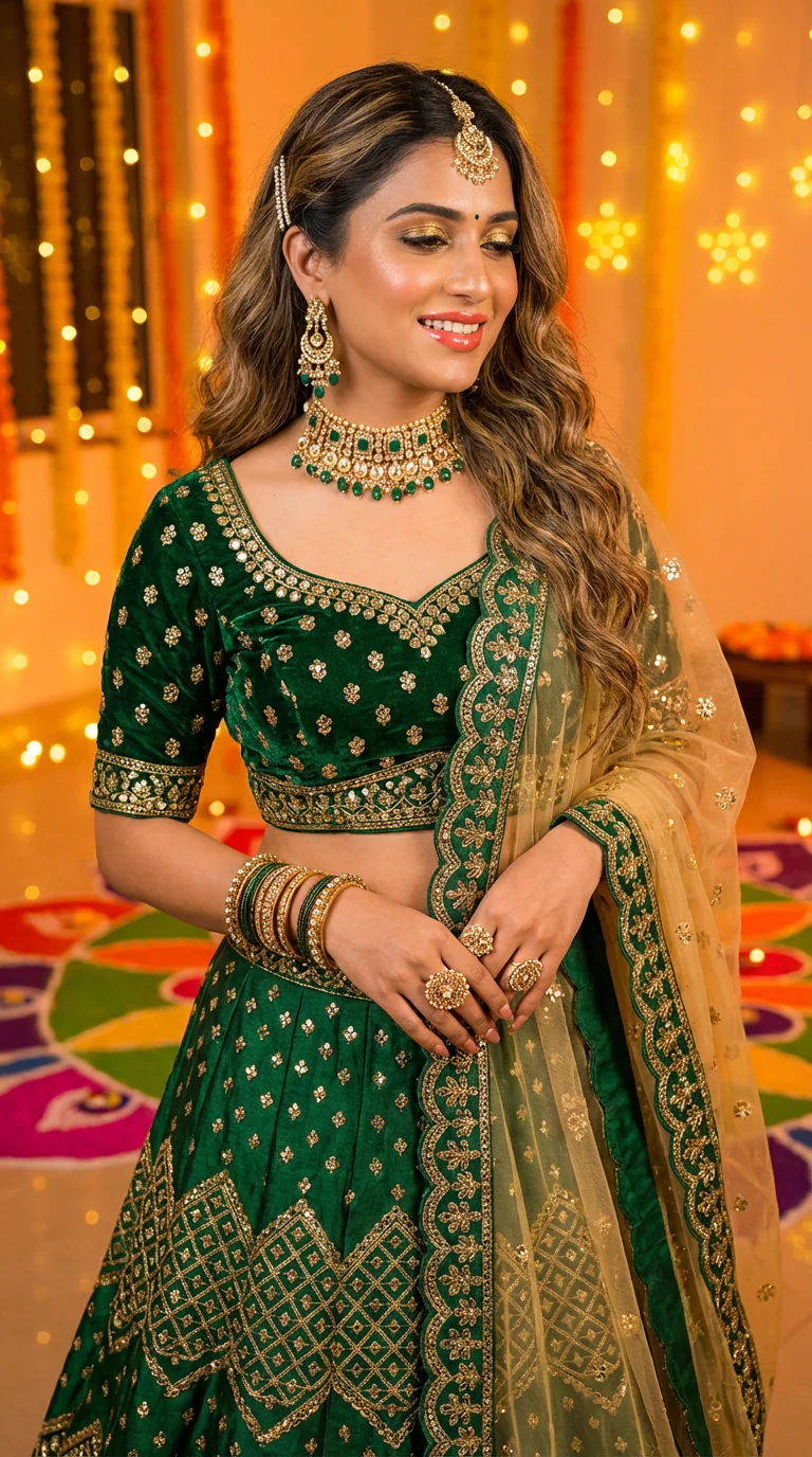 Transform a Photo into a Festive Emerald and Gold Indian Lehenga Portrait