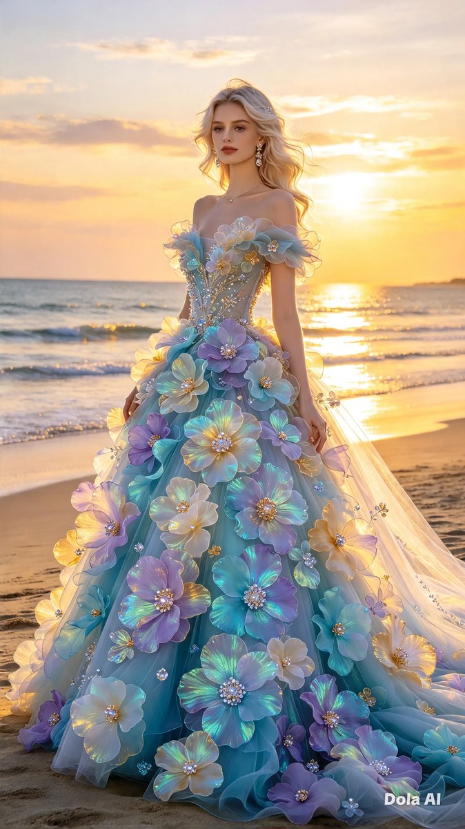 Iridescent Petal Ball Gown at Sunset