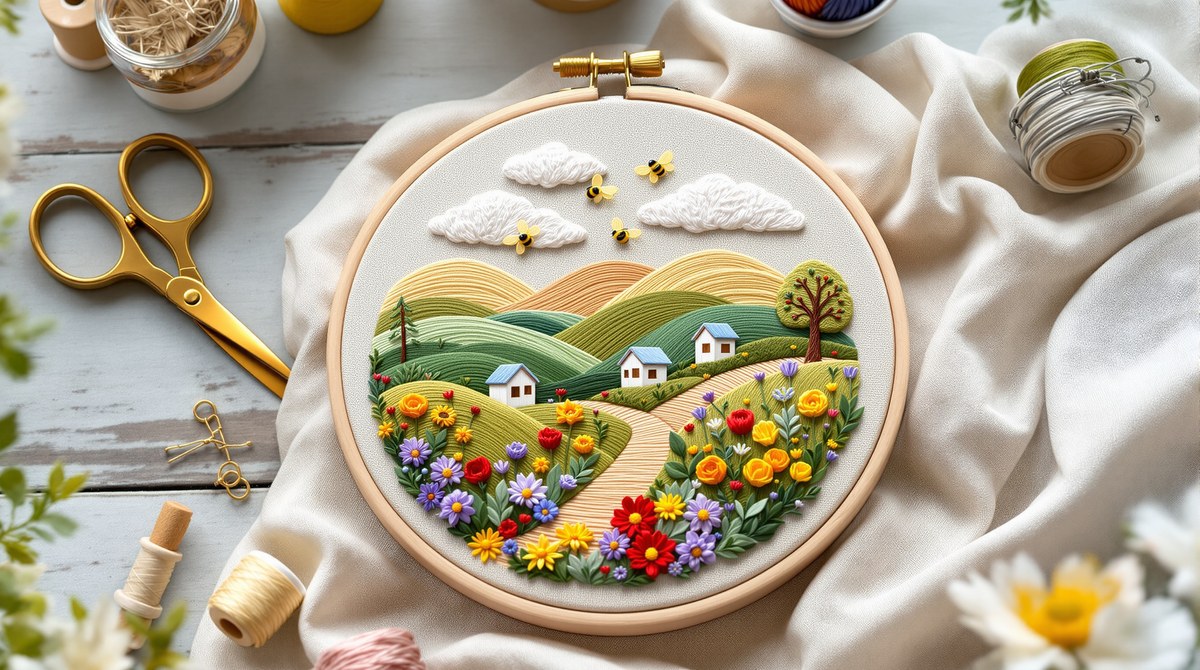 Hand-Embroidered Hoop Art of a Wildflower Beekeeping Meadow