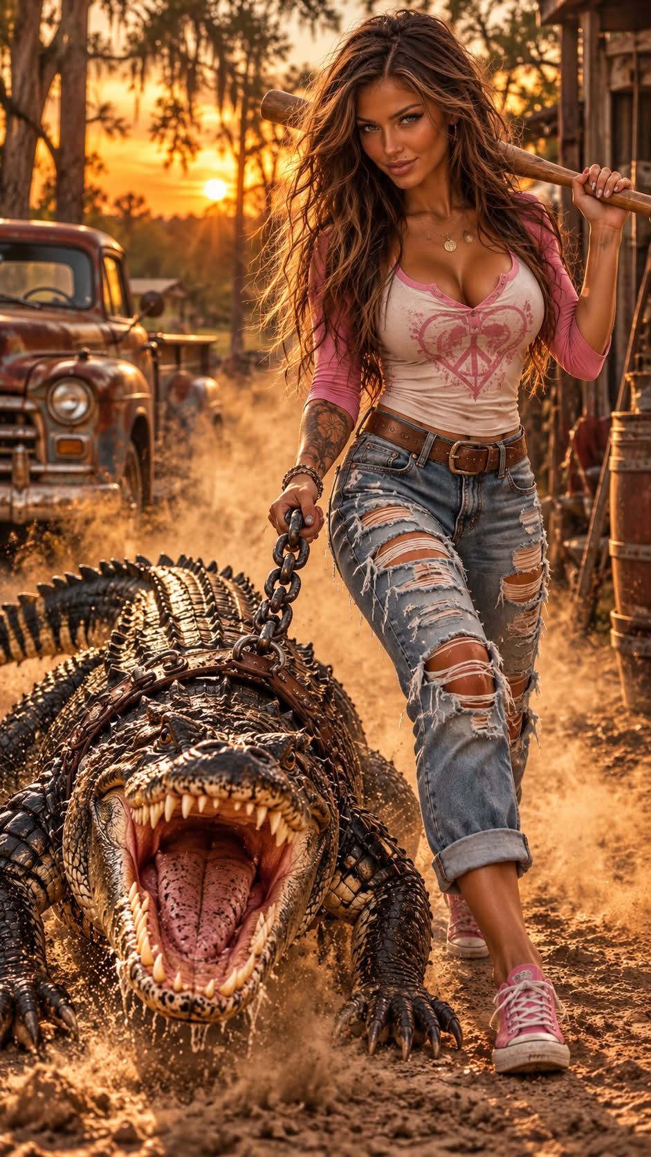 Woman Leading a Giant Alligator at Sunset