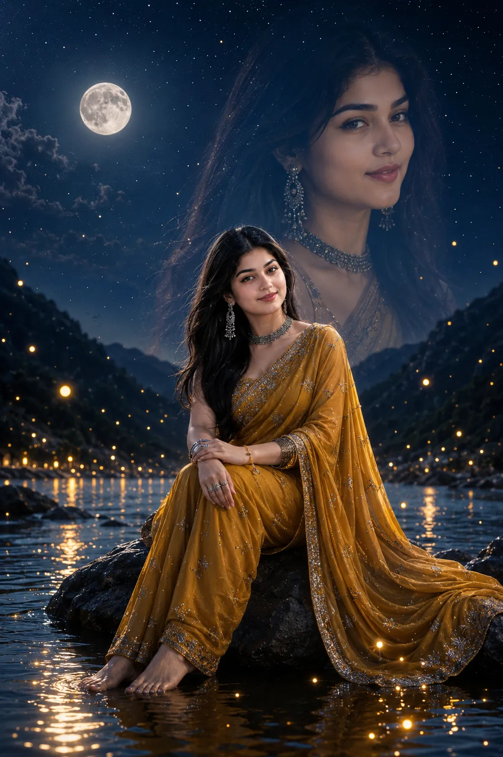 Moonlit Saree Portrait on a Lake output 2