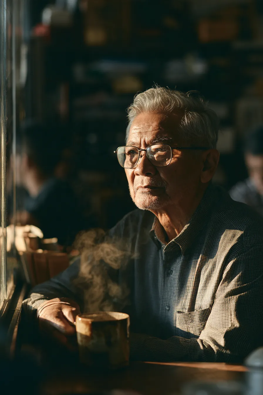 Contemplative Portrait of an Elderly Man in a Coffee Shop