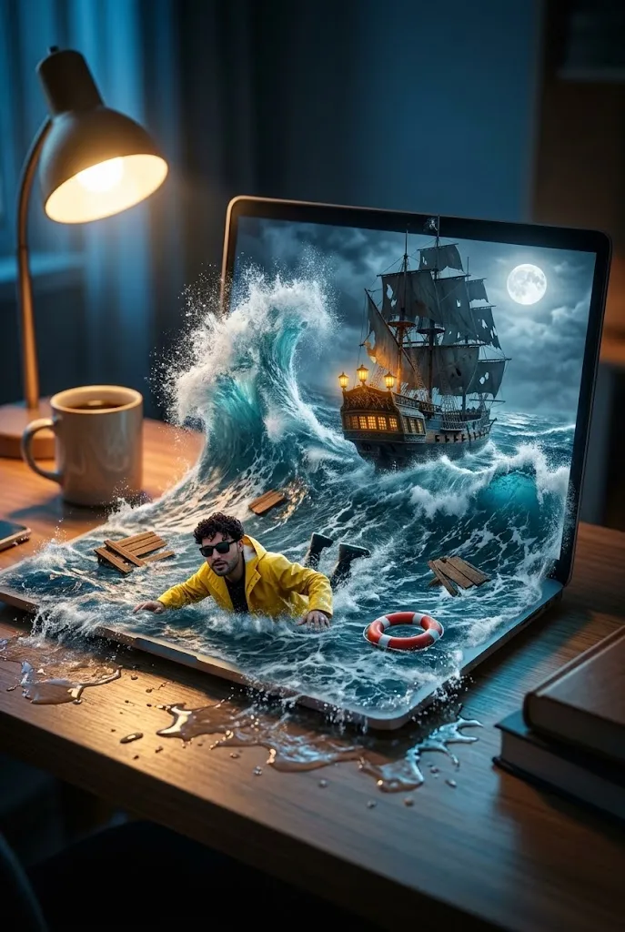 Tiny Man Swept by Laptop Ocean