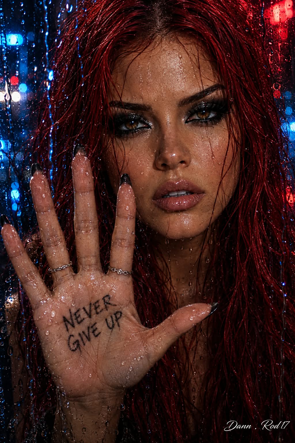 Never Give Up — Rain-Soaked Noir Portrait