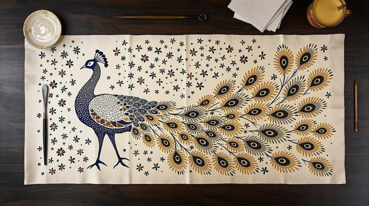 Hand-Drawn Batik Cloth of a Javanese Peacock