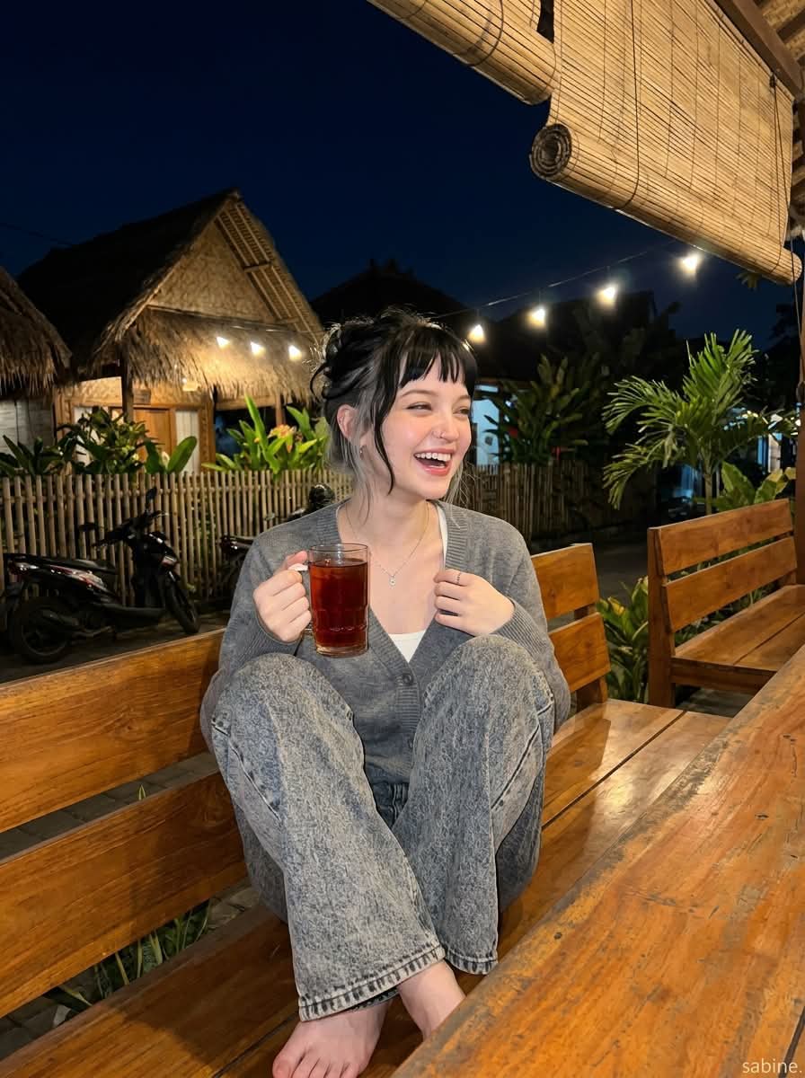 Candid Nighttime Portrait at a Rustic Tropical Café