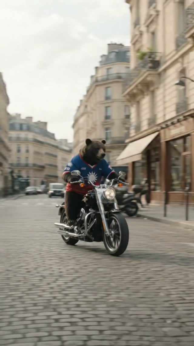 Formosan Bear Riding a Motorbike in Paris