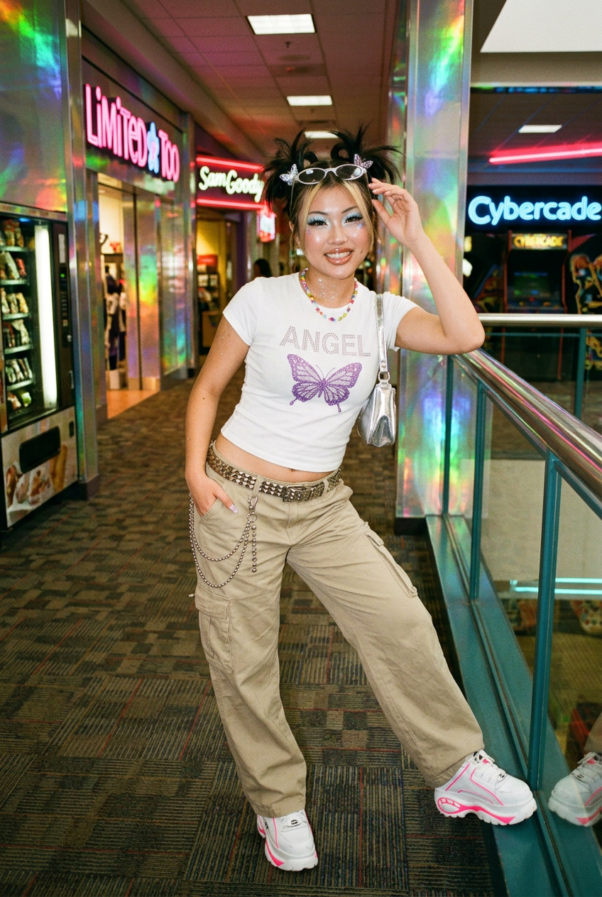 Create a Y2K Fashion Portrait with a Retro Mall or Holographic Backdrop