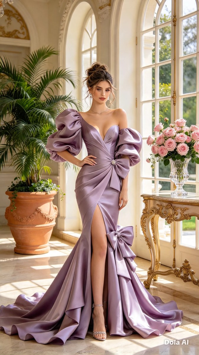 Woman in a Dusty-Lilac Satin Mermaid Gown output 3