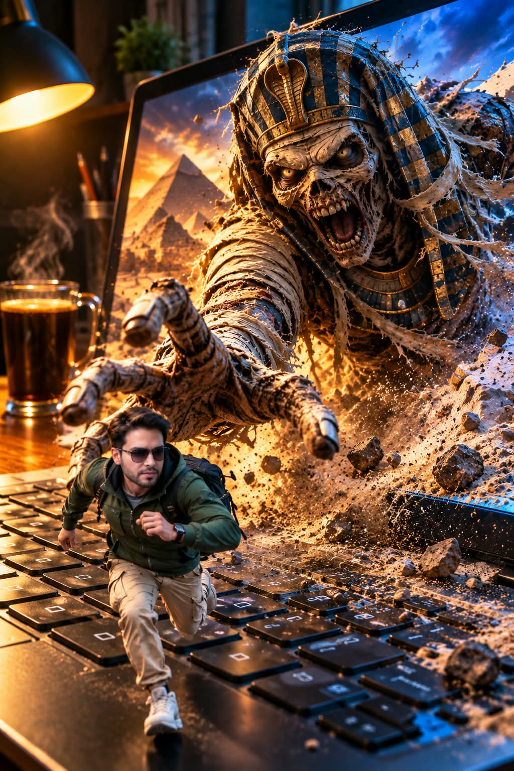 Tiny Man on a Laptop Keyboard Fleeing an Egyptian Mummy