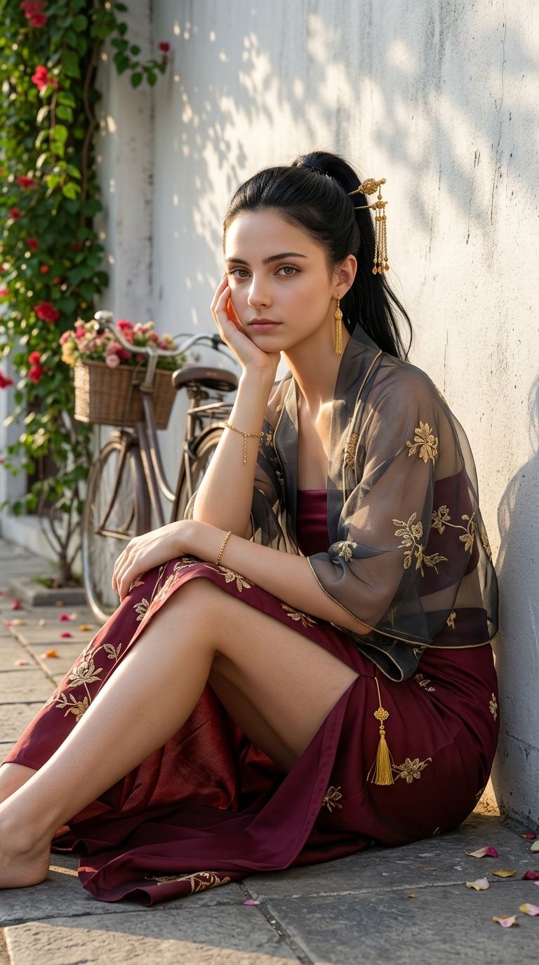 Photorealistic Afternoon Portrait in Embroidered Maroon Attire