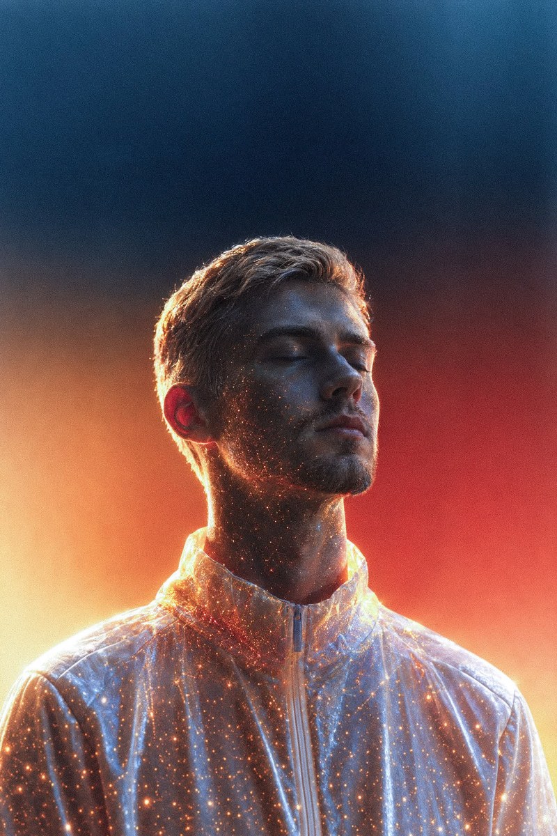Cosmic Portrait with Glowing Golden Particles