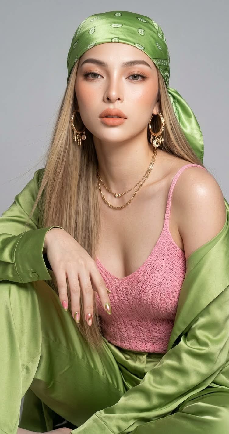 High-Fashion Apple-Green Satin Studio Portrait output 7