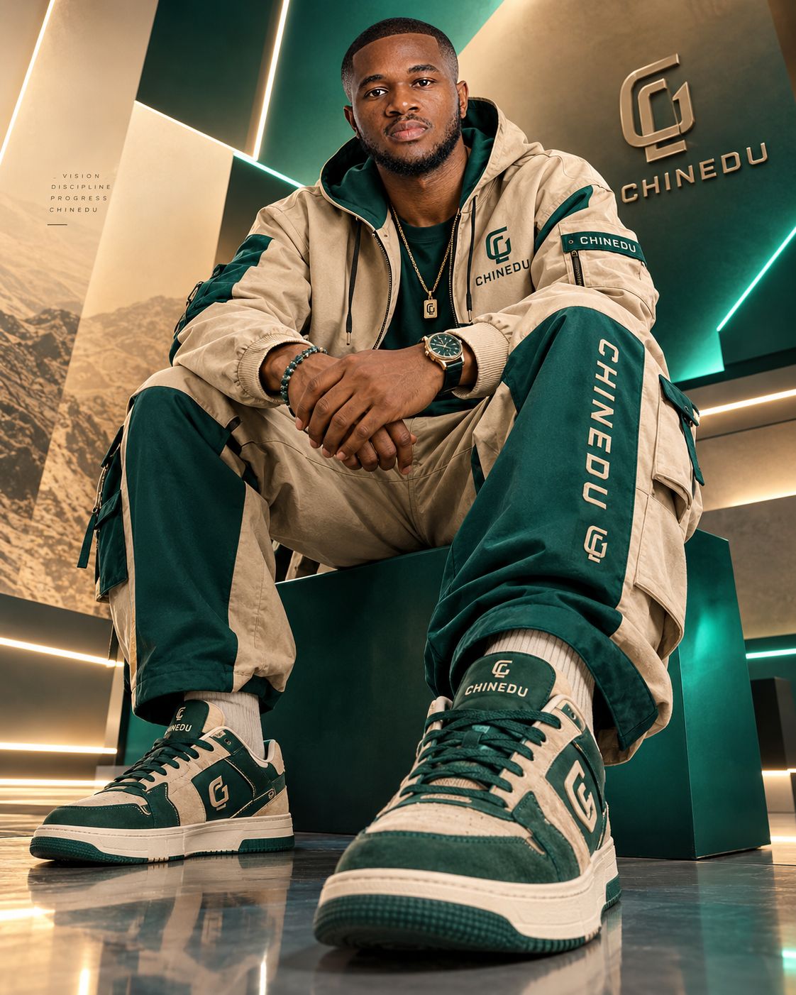 Luxury Sand-and-Emerald Streetwear Portrait