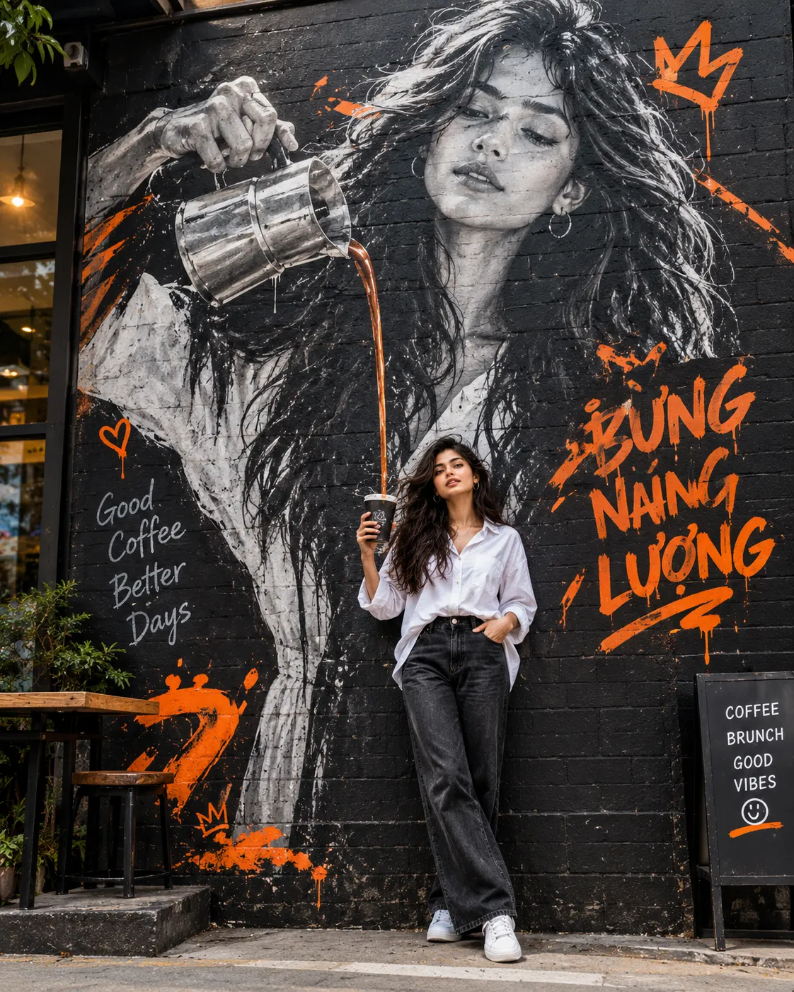 Street-Style Portrait with a Giant Coffee Mural