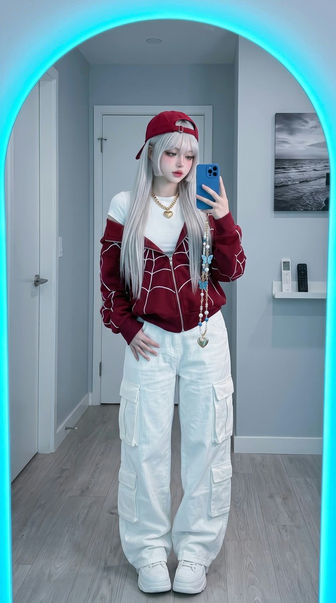 Y2K Mirror Selfie with Cyan Backlighting output 1