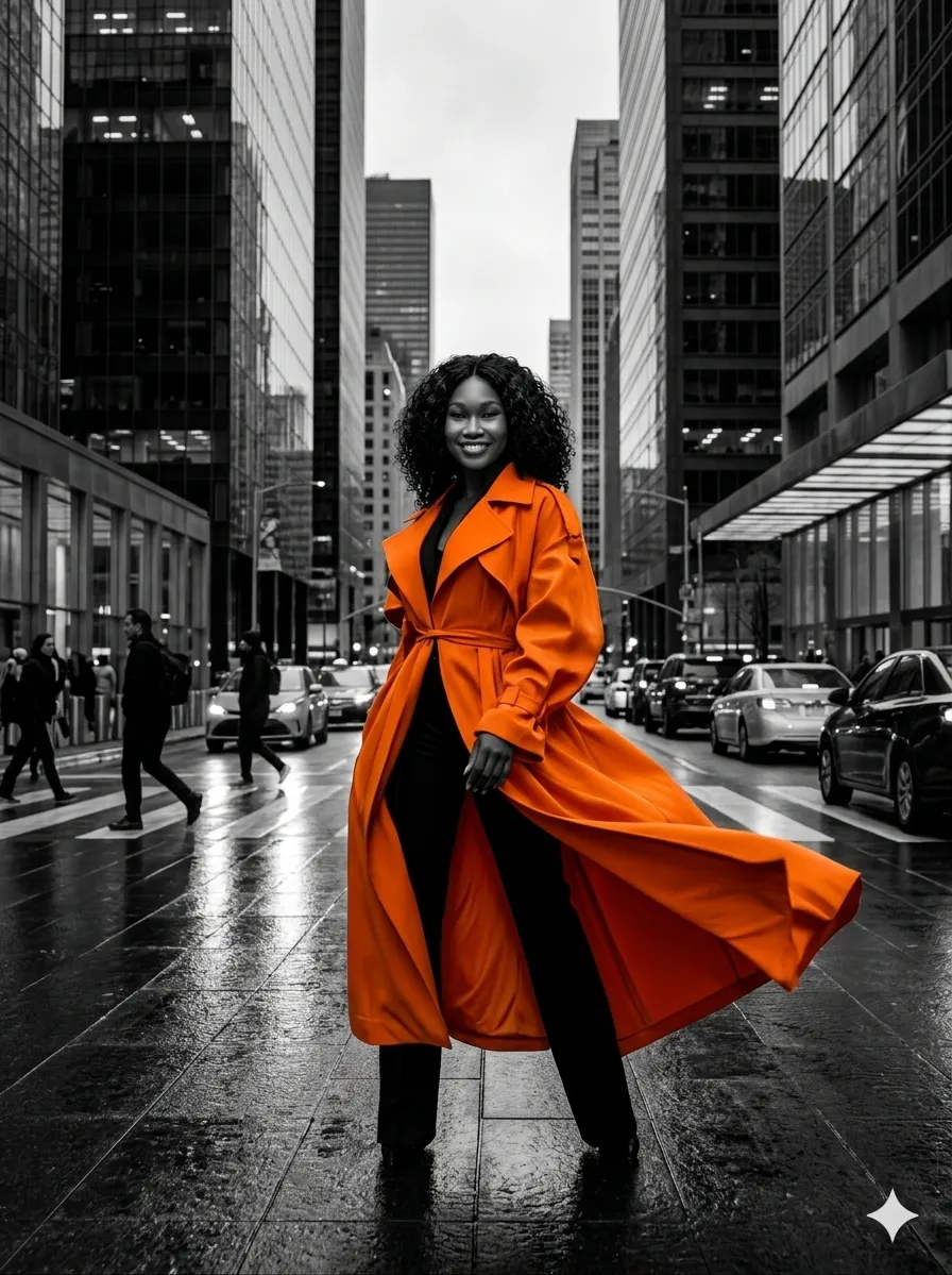 Monochrome Cityscape Editorial Portrait with a Couture Coat