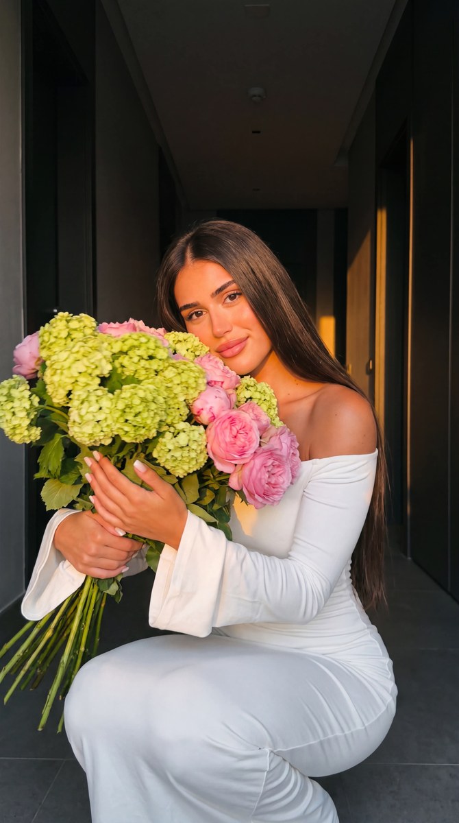 Vintage-Film Portrait with a Lush Bouquet