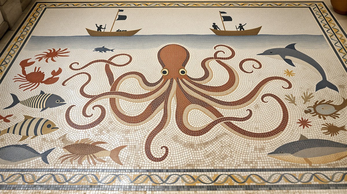 Ancient Roman Floor Mosaic of an Octopus and Fishing Boats
