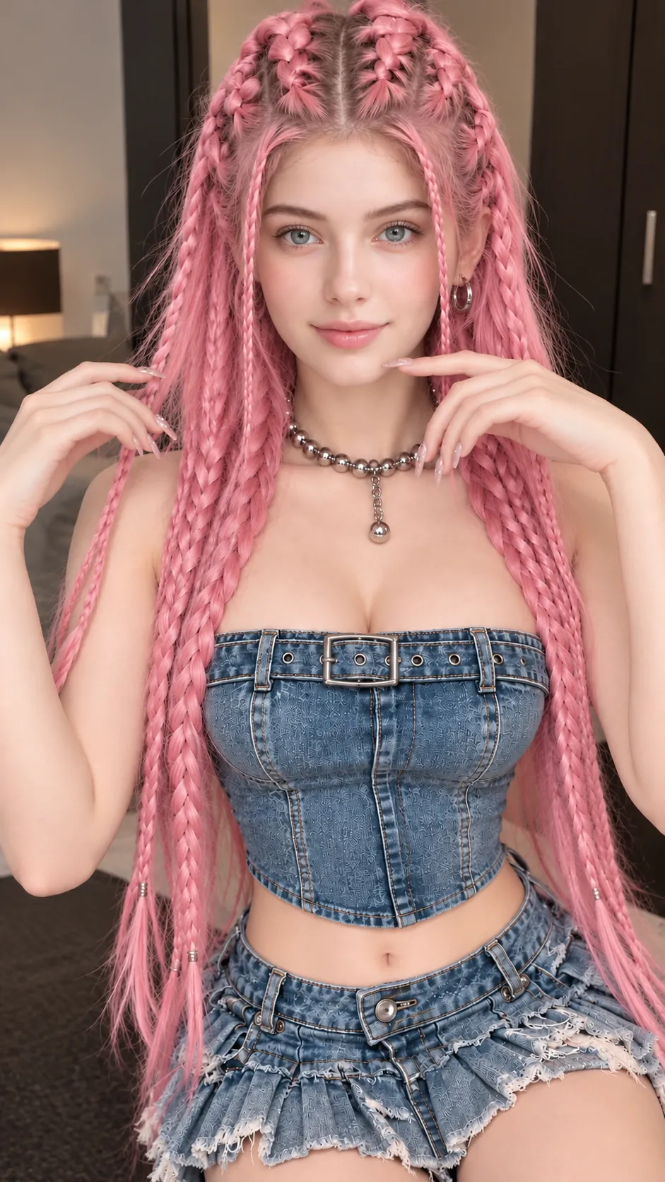 Pink Braids and Denim Fashion Portrait
