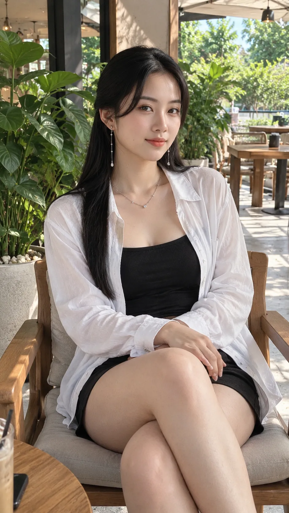 Young Woman at a Sunlit Open-Air Café