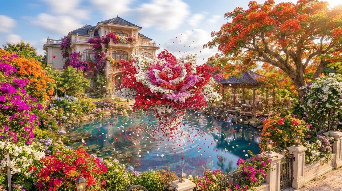 Bougainvillea Petal Vortex Over a Lake output 1