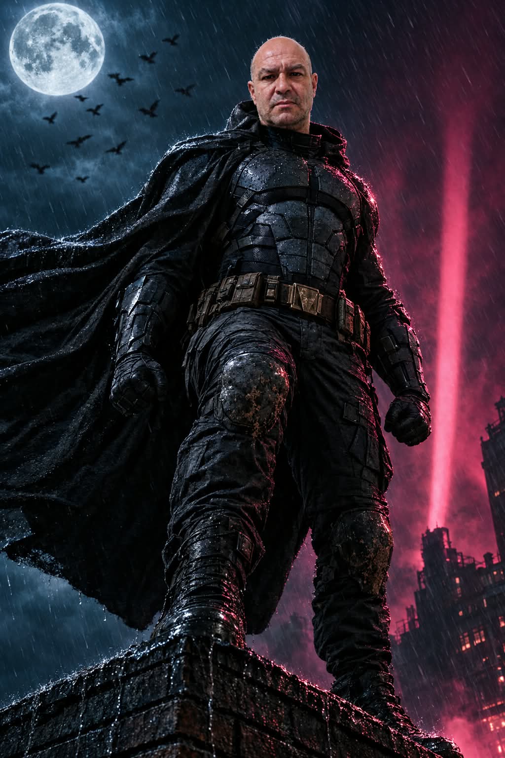 Rain-Soaked Urban Vigilante Portrait