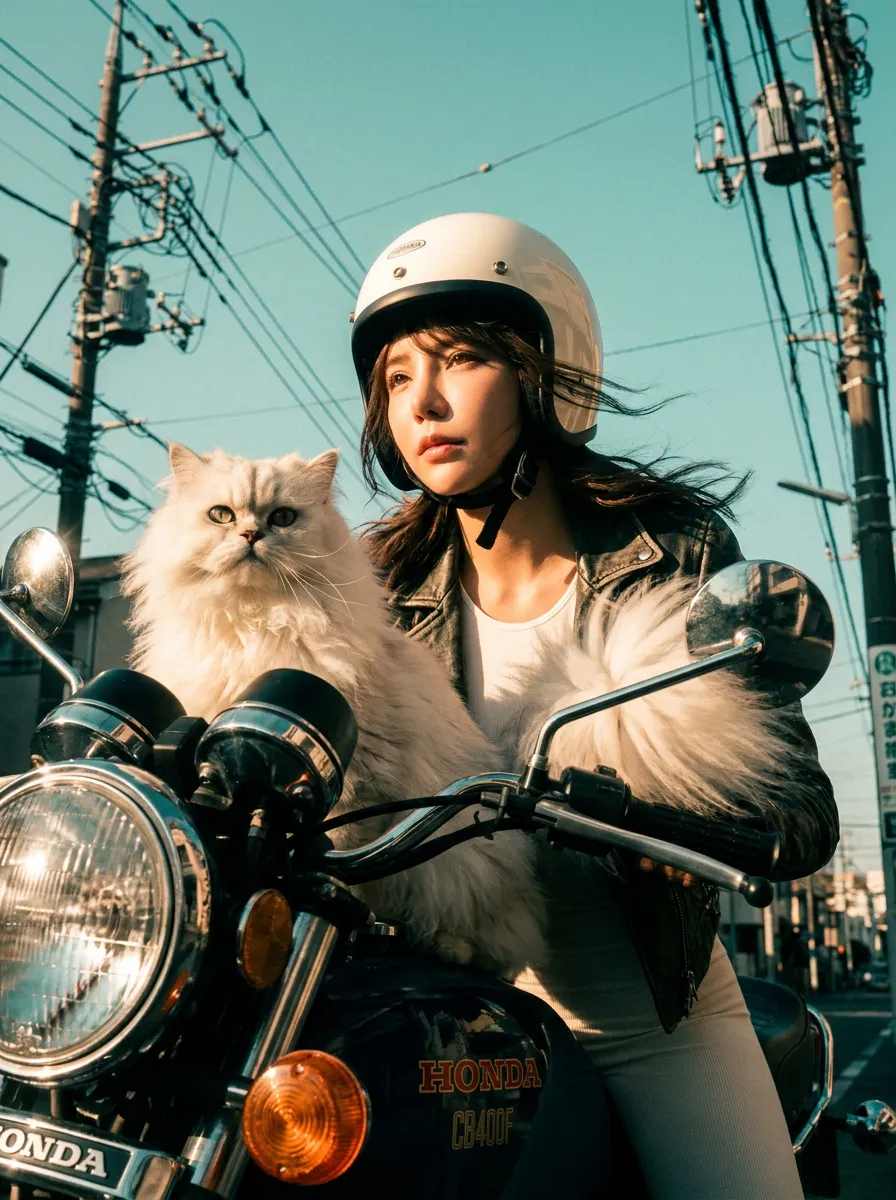 Golden-Hour Motorcycle Ride with a Persian Cat output 2