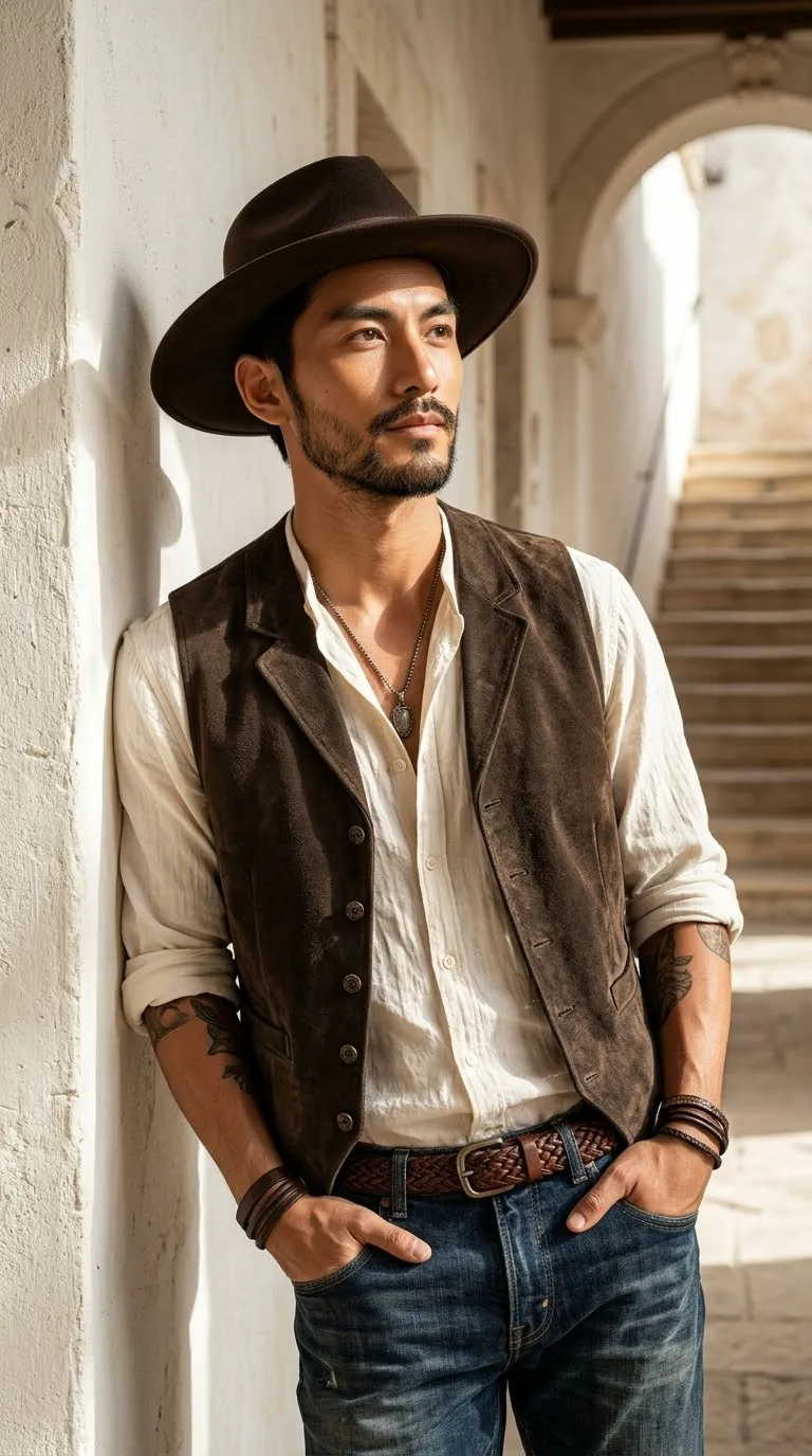 Photorealistic Portrait of a Man in a Sunlit Mediterranean Hallway output 2