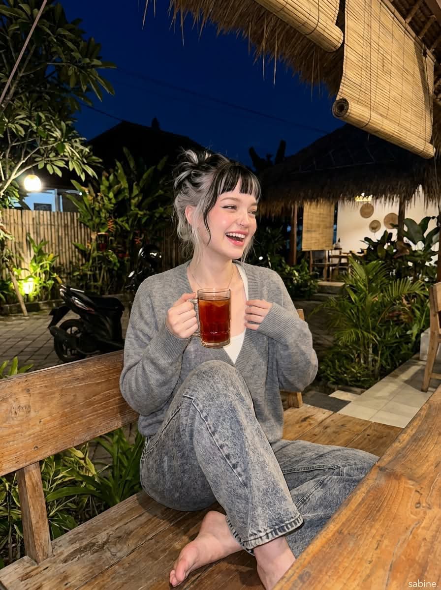Candid Nighttime Portrait at a Rustic Tropical Café output 7