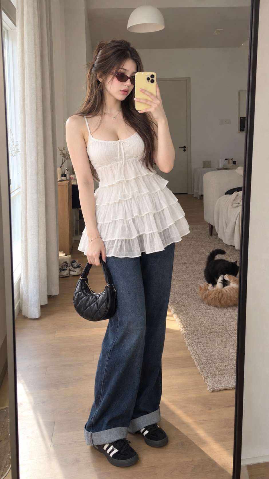Outfit Check Mirror Selfie with Cats