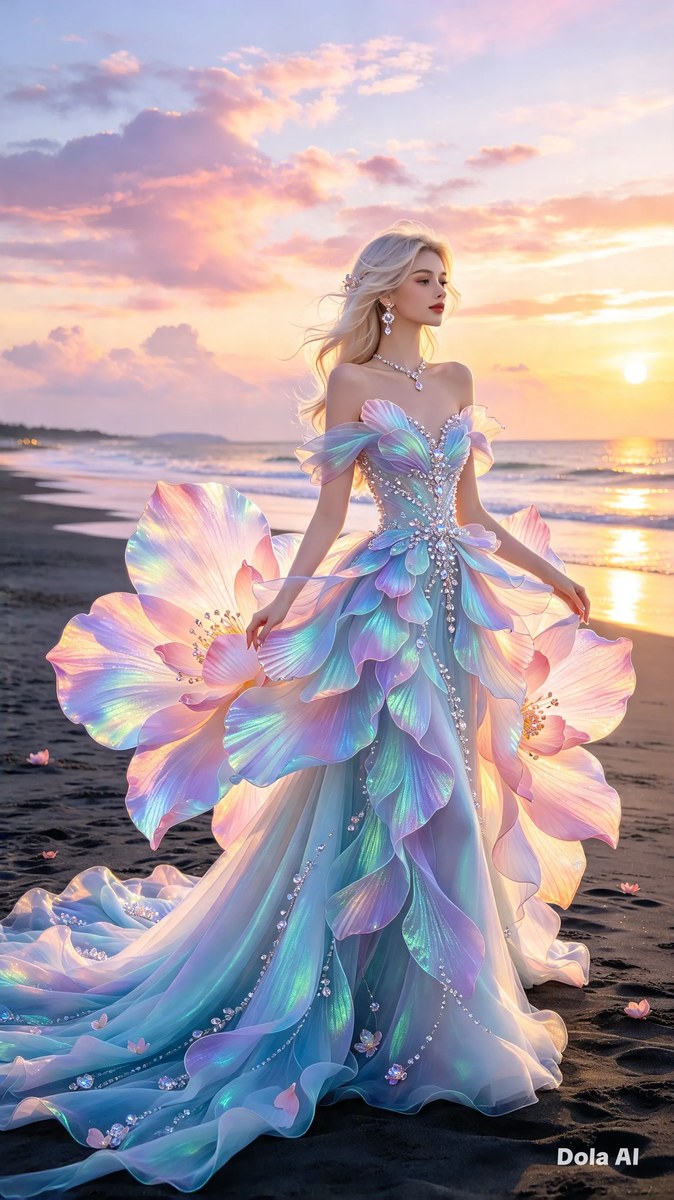 Lotus-Inspired Gown at Sunset output 2