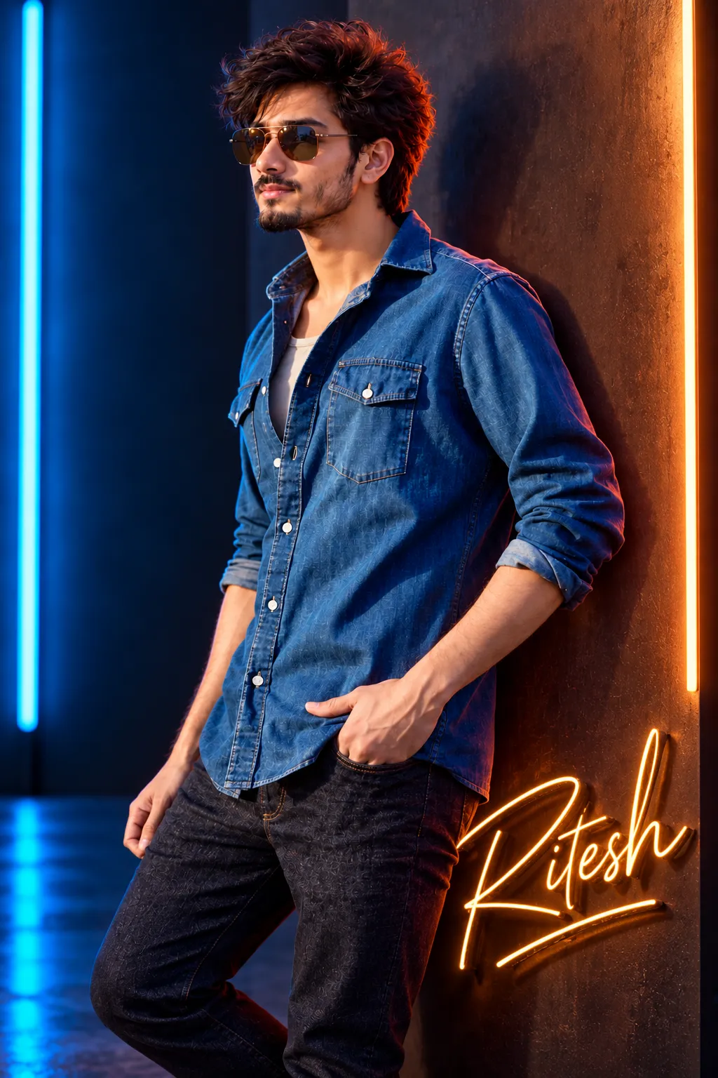 Neon-Lit Denim Studio Portrait output 1