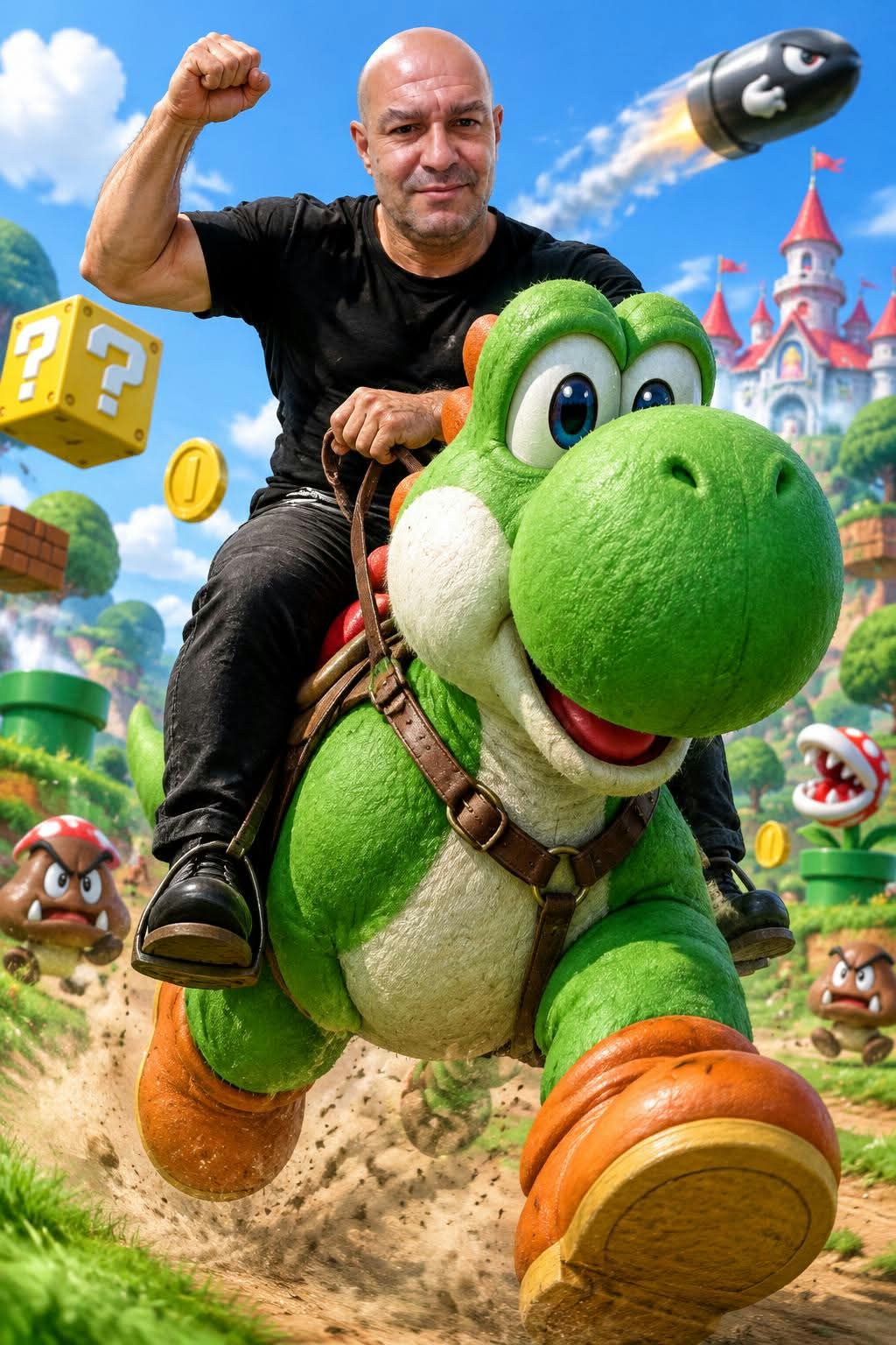 Photorealistic Adult Riding Yoshi in the Mushroom Kingdom