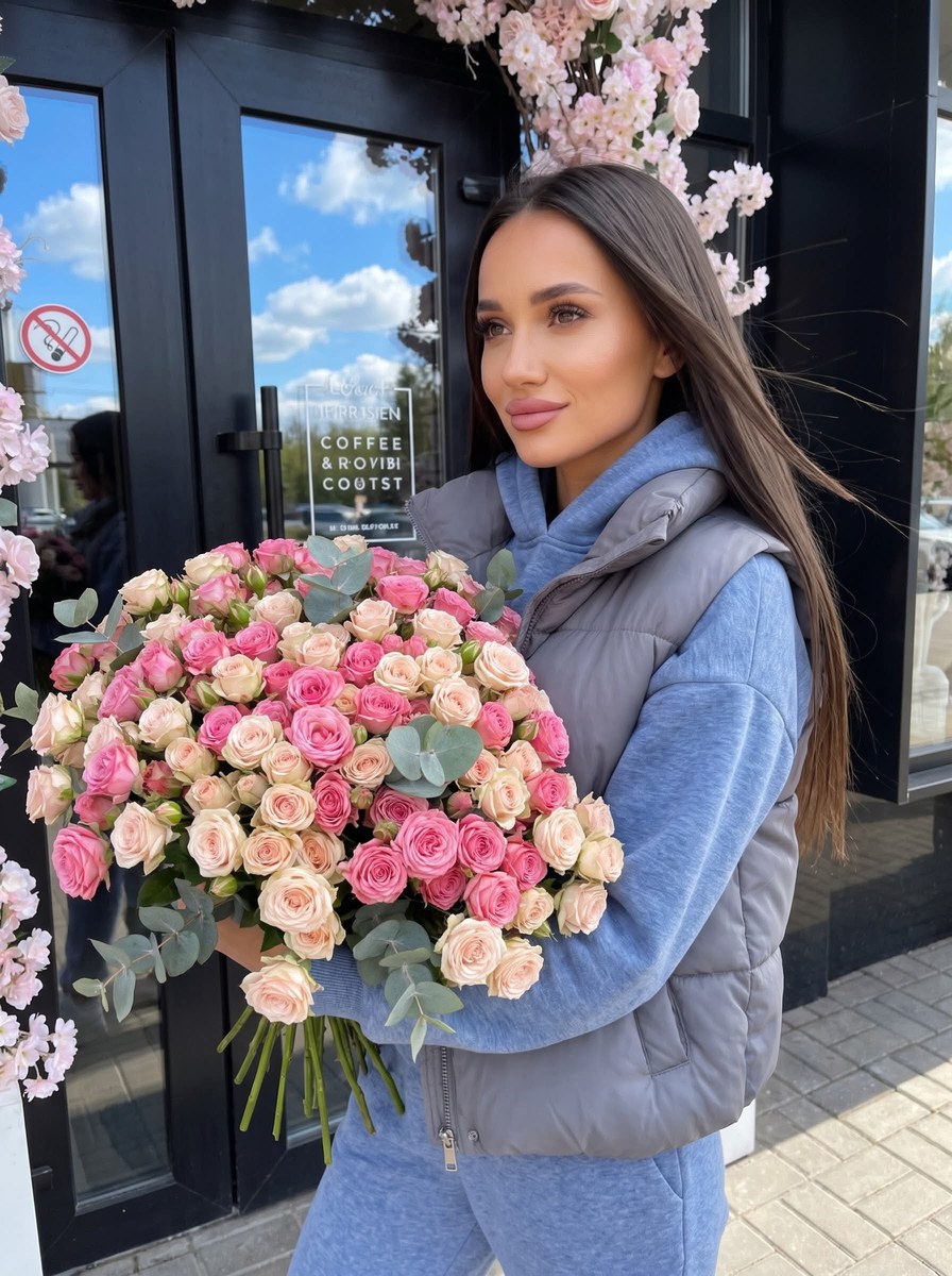 Outdoor Portrait with an Oversized Rose Bouquet