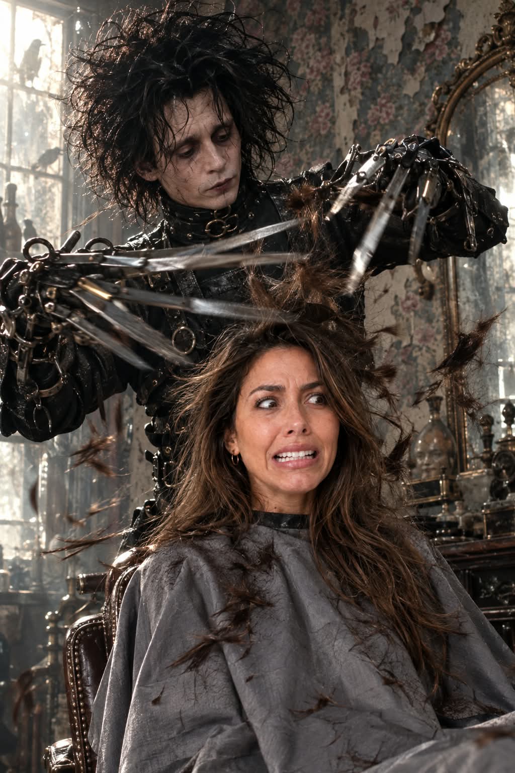 Edward Scissorhands Gives a Terrified Woman a Haircut
