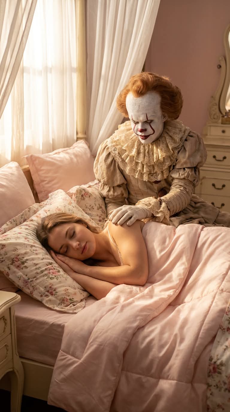 Pennywise Embraces a Sleeping Woman in a Cozy Bedroom output 2