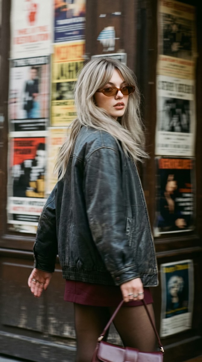 Burgundy Street-Style Portrait Outside a Record Store