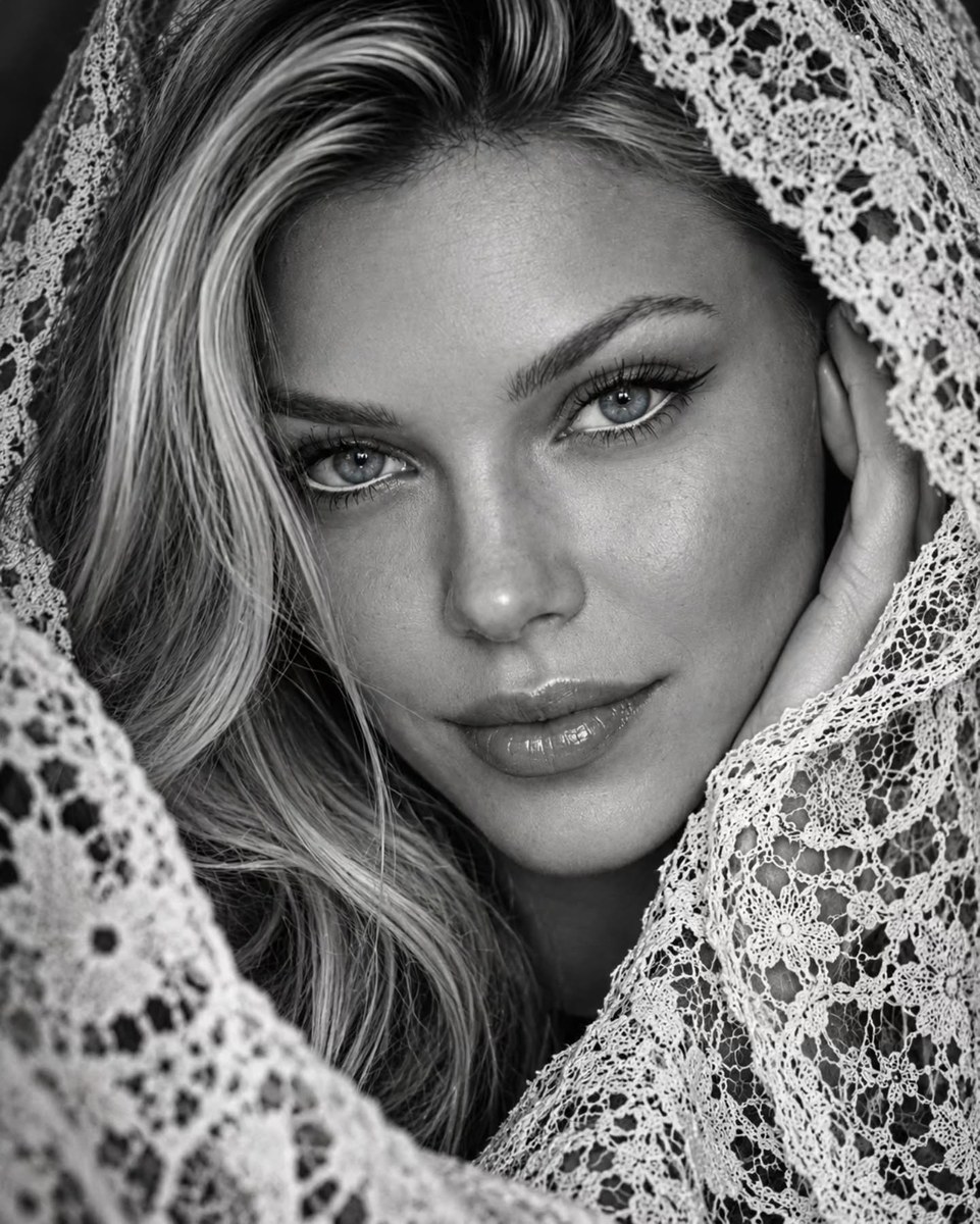 Black-and-White Portrait Framed in Vintage Lace output 1