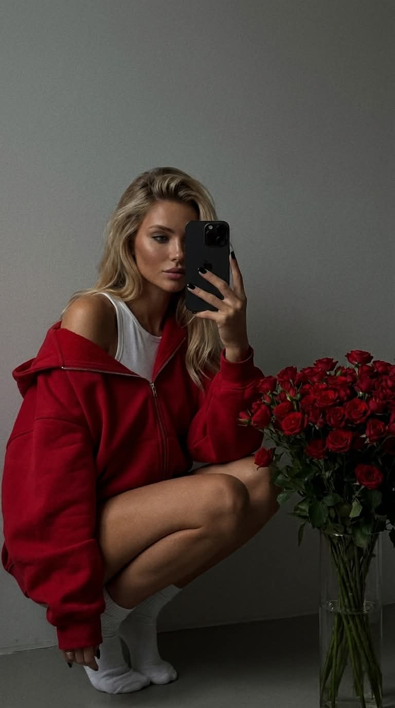 Low-Key Mirror Selfie with Red Hoodie and Roses