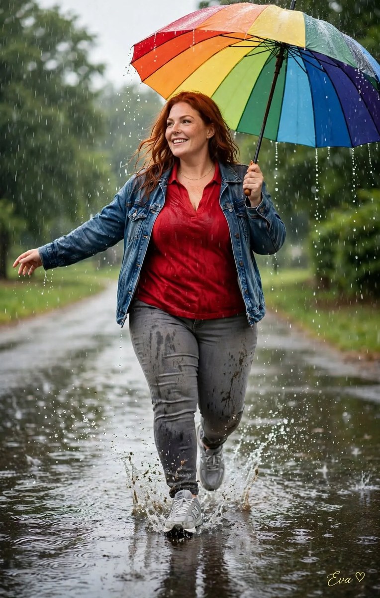 Red-Haired Woman Walking in Summer Rain
