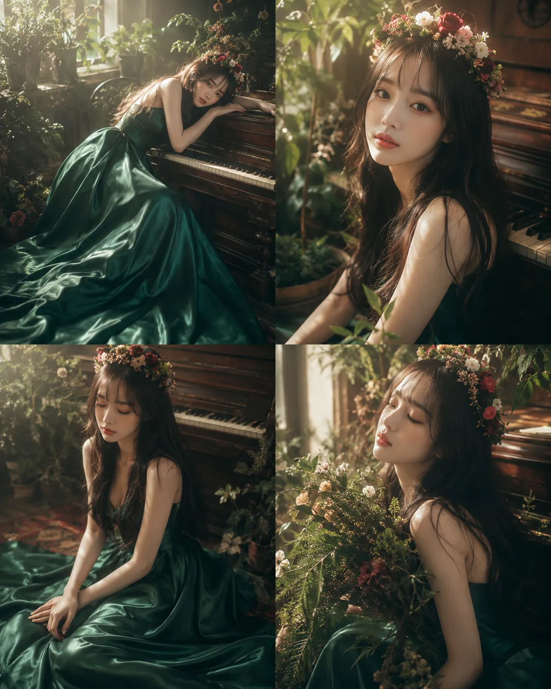 Dreamy Emerald Gown and Piano Editorial Collage