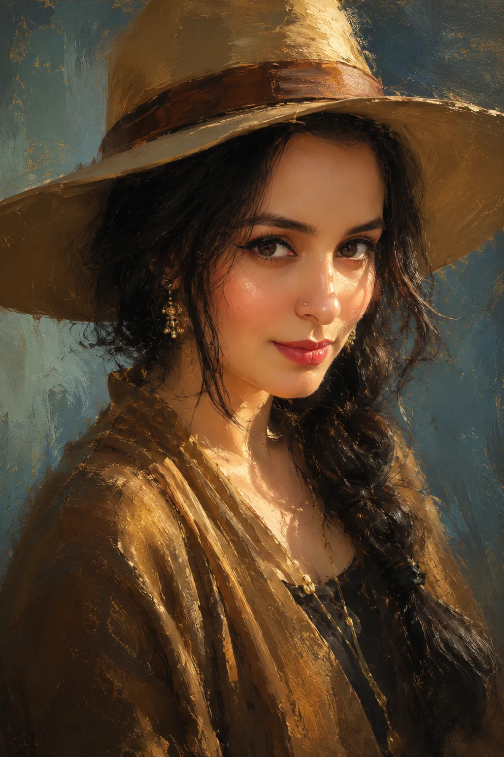 Warm Oil-Painted Portrait of a Woman in a Tan Hat