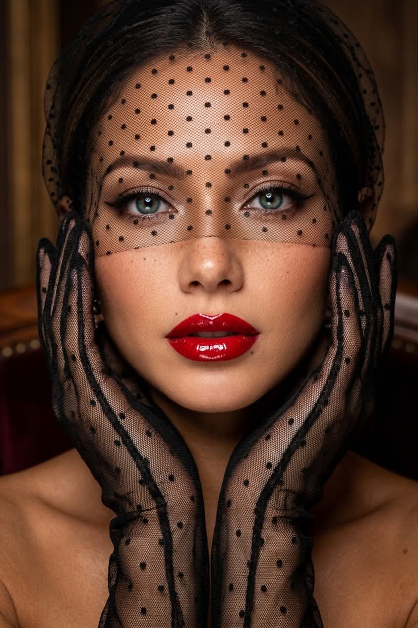 Red-Lipped Portrait with a Black Birdcage Veil