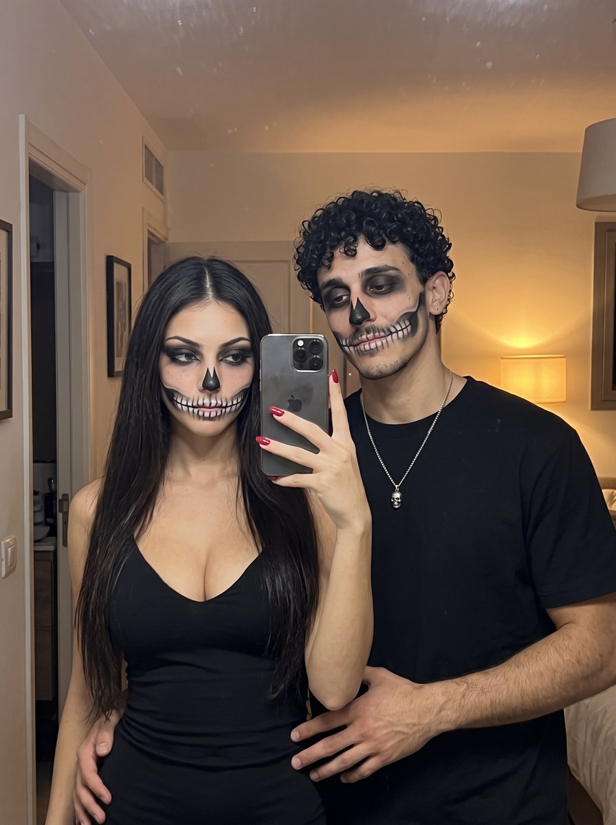 Photorealistic Halloween Skeleton-Makeup Couple Selfie