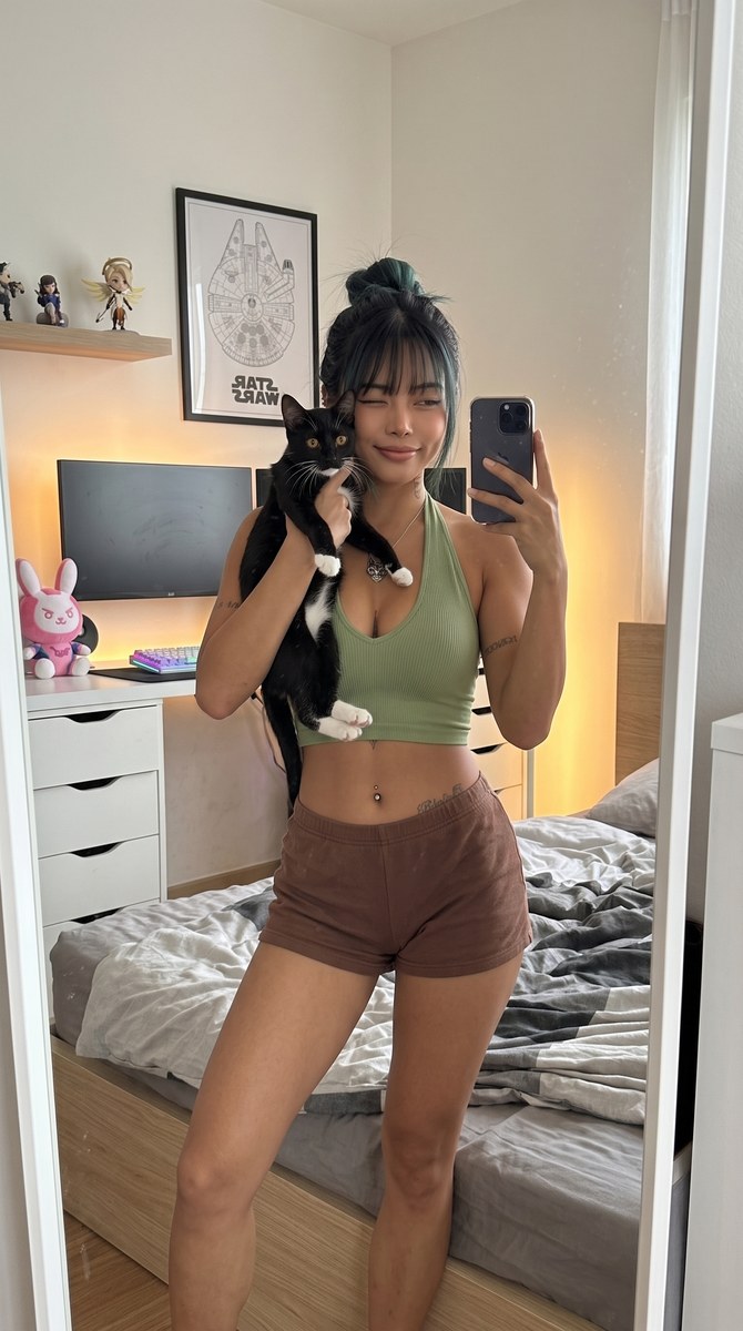 Gamer Bedroom Mirror Selfie with a Tuxedo Cat output 3